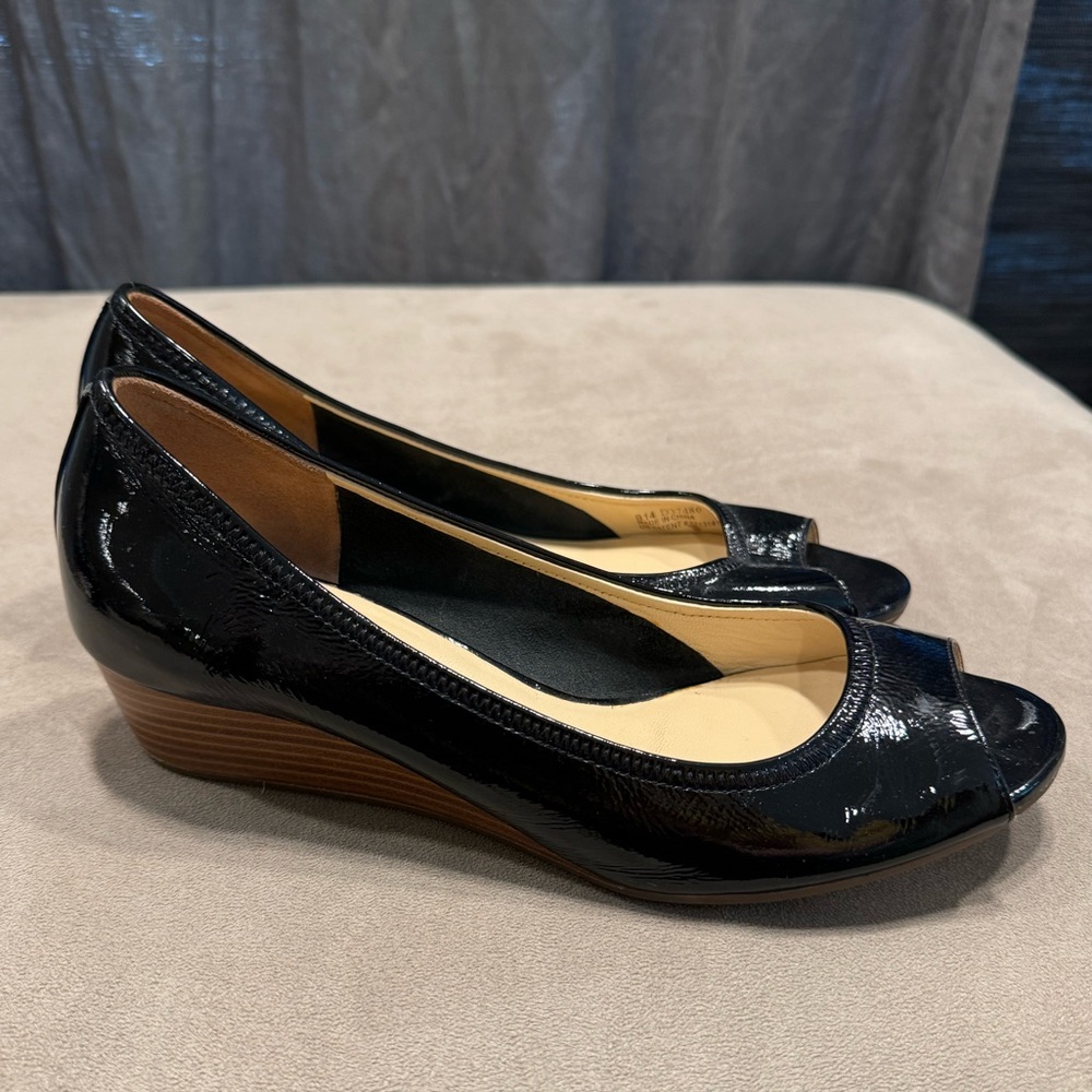 Cole Haan Nike Hair Melena black patent mini wedge heels, size 7.5